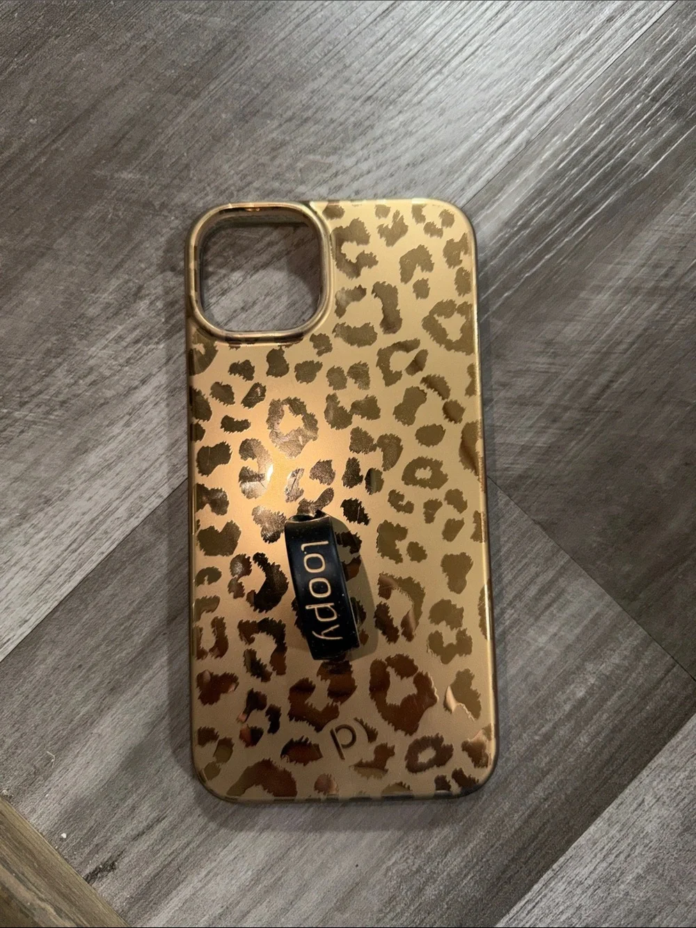 Loopy Case Gold Leopard Print iPhone Case with Black Loopy Strap